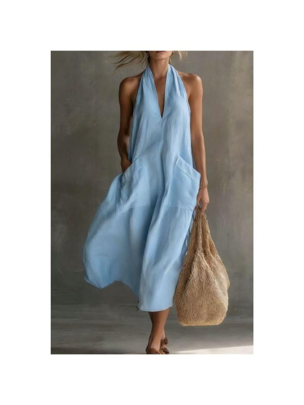 Casual Halter Neck Pocket Midi Dress